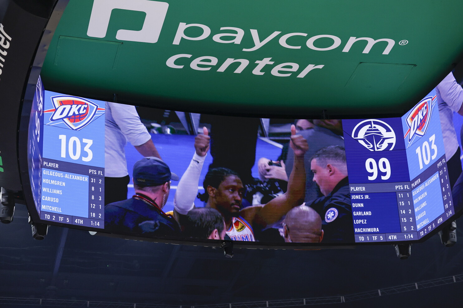 Thunder medical staff attending to Jalen Williams