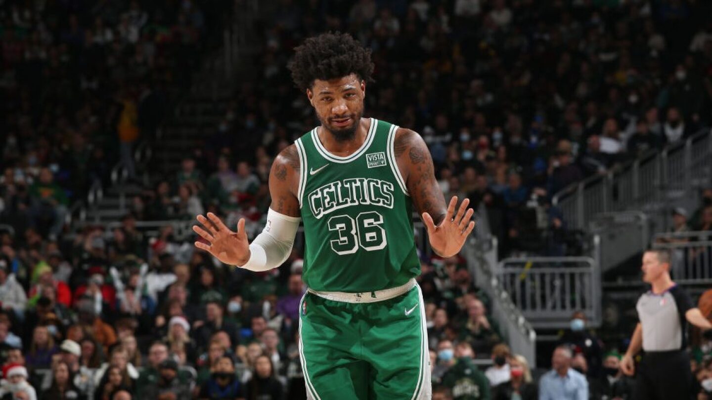 Marcus Smart of the Boston Celtics arrives to the arena before the