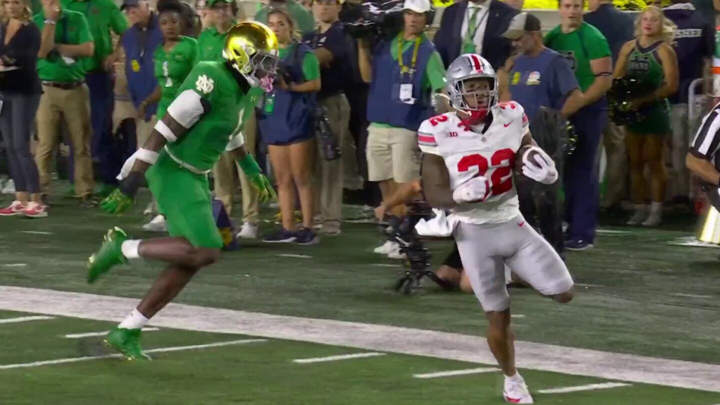 Ohio State extends its lead to 10-0 in the third quarter as TreVeyon Henderson breaks free for a 61-yard touchdown vs. Notre Dame.