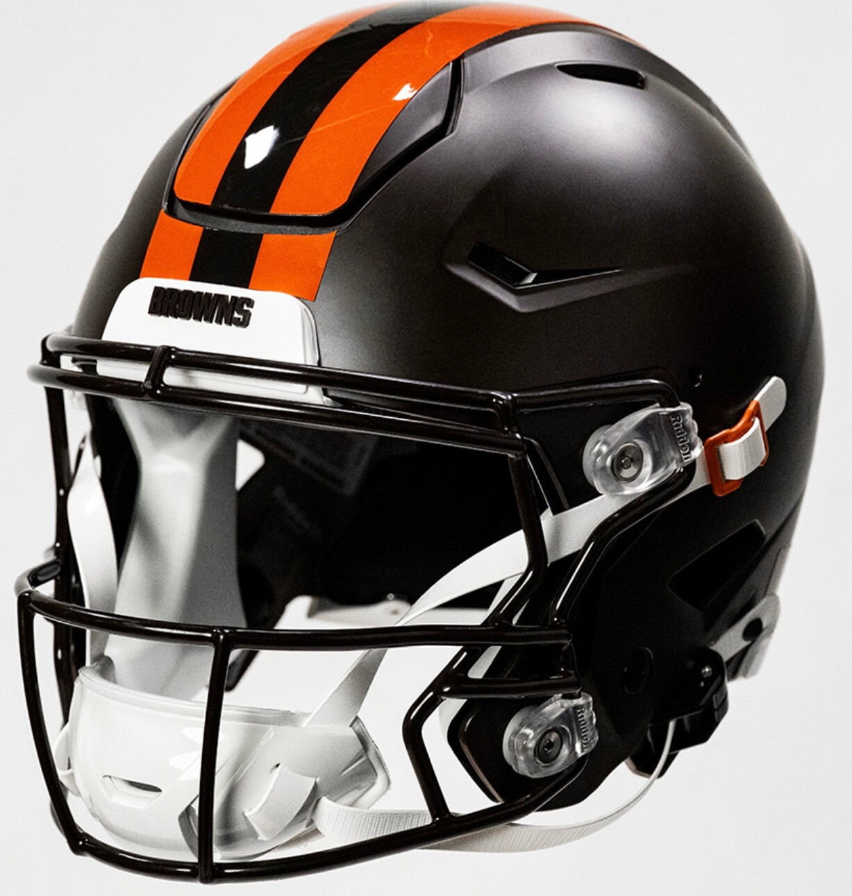 cb browns football helmet Cleveland Alpha Dog Dark Matte Brown 2025 On-Field Revolution Speed Mini Release facemask attachment system Riddell NFL Cleveland Browns Authentic