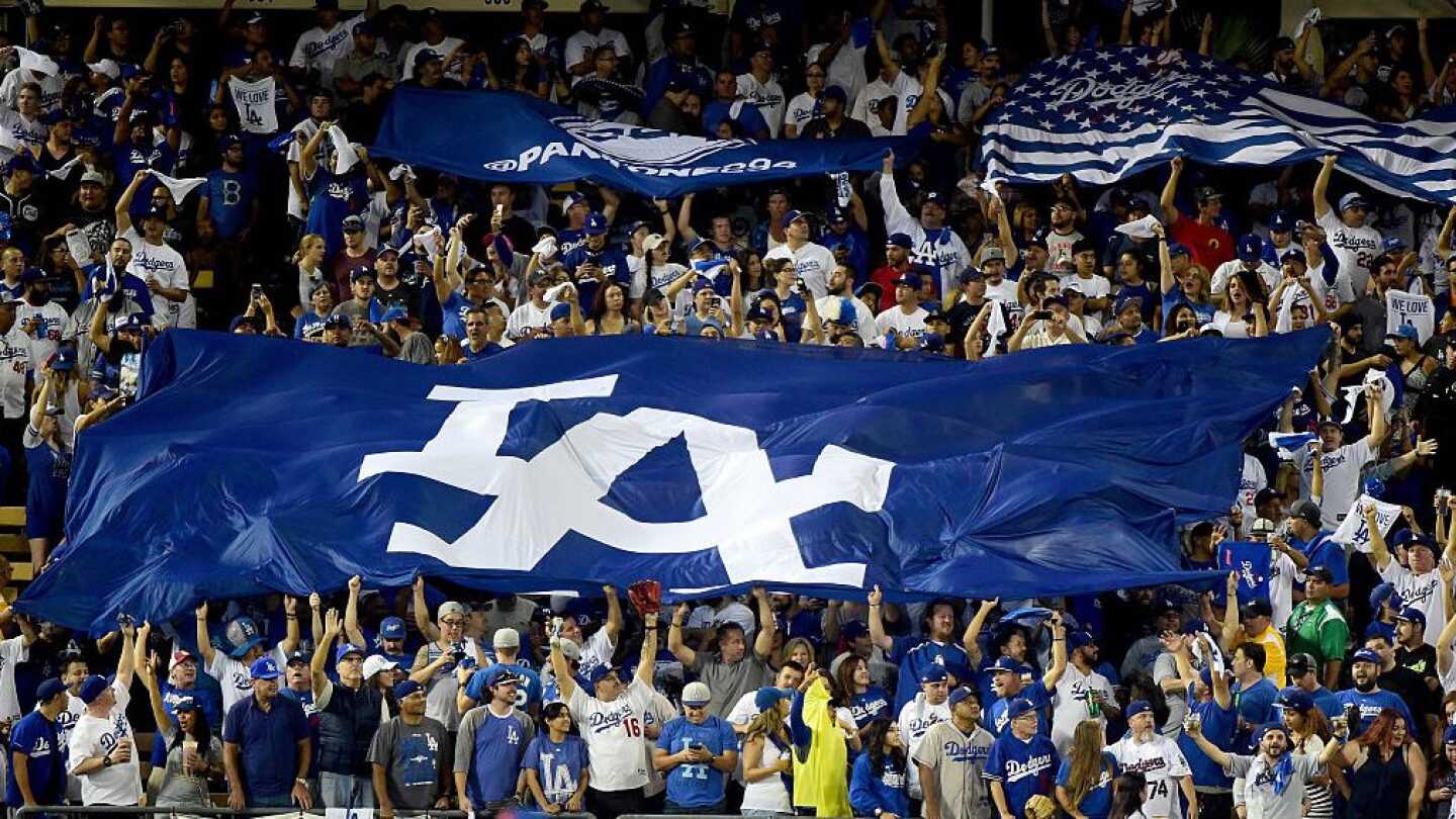 Dodgers fans unfurl a Dodgers flag in the San Francisco bleachers - NBC Sports