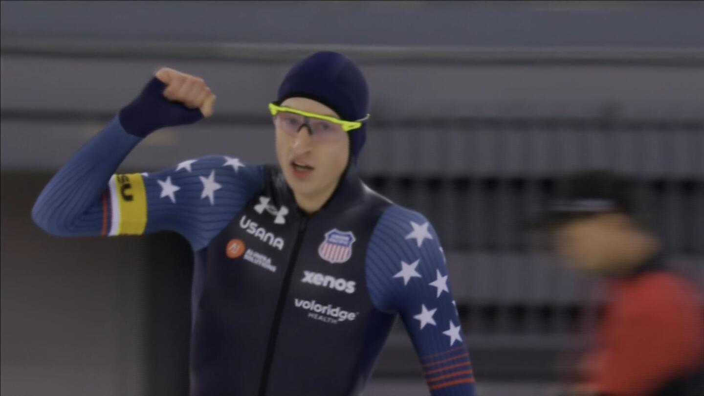 Jordan Stolz dashes to 1000m gold in track record time at Hamar World Cup