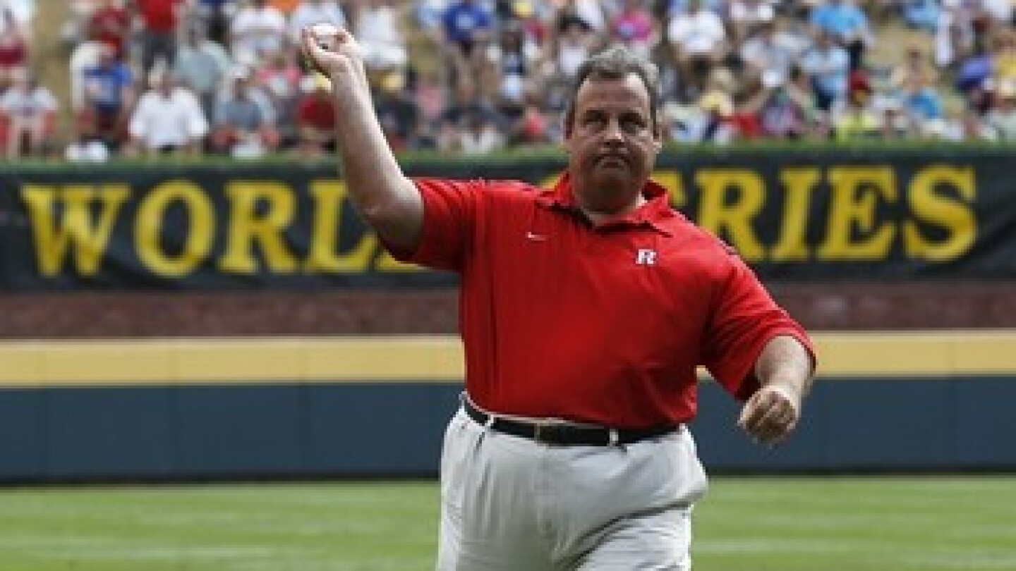 New Jersey Governor Chris Christie throws out the ceremonial first pitch before the Little League World Series championship baseball game between Tokyo, Japan and Chula Vista, California in Williamsport